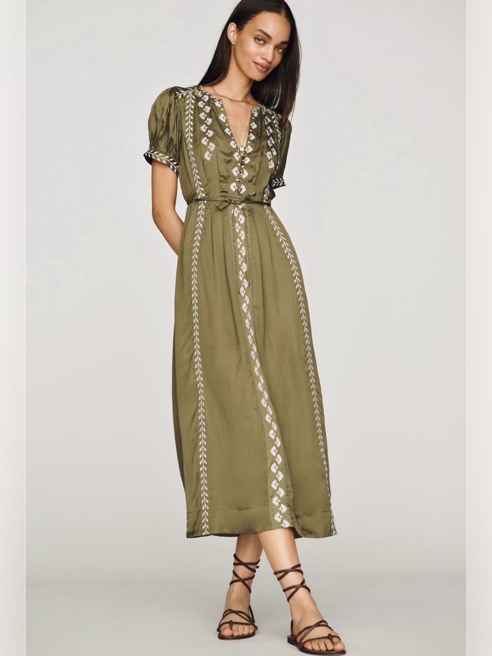 New Anthropologie Satin Embroidered Midi Dress Olive Green XS Boho Fall Wedding